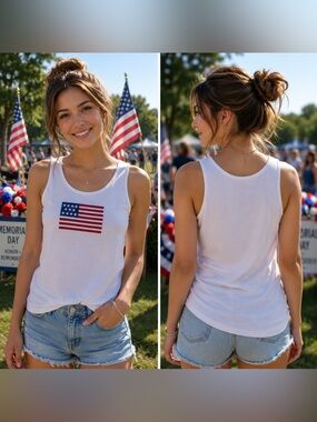 🆕 Embroidered American Flag Patch Tank Top White NWT S M L 🇺🇸